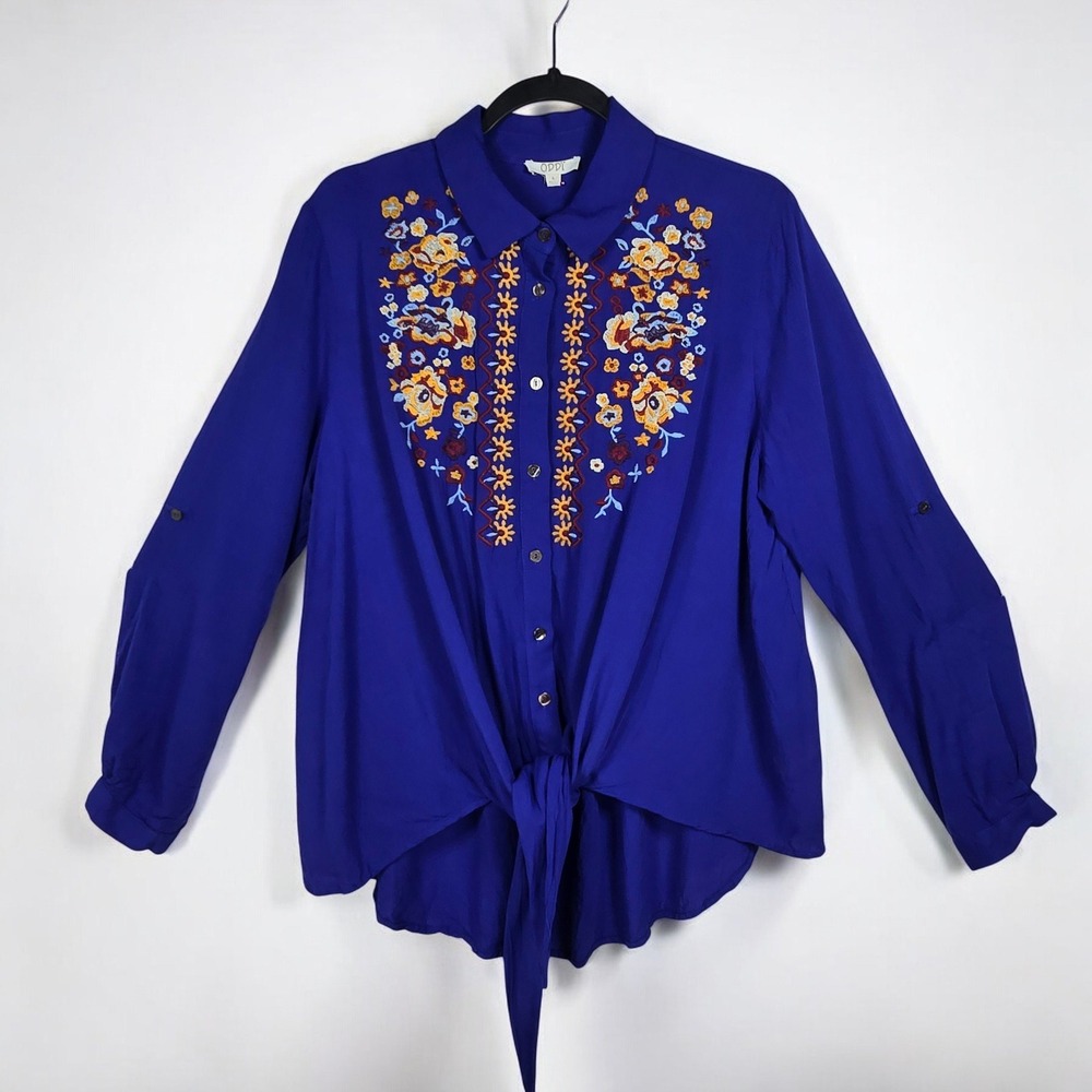 ODDI Button Up Shirt Women Large Royal Blue Embroidered Tie Front ‎ Boho Hippie